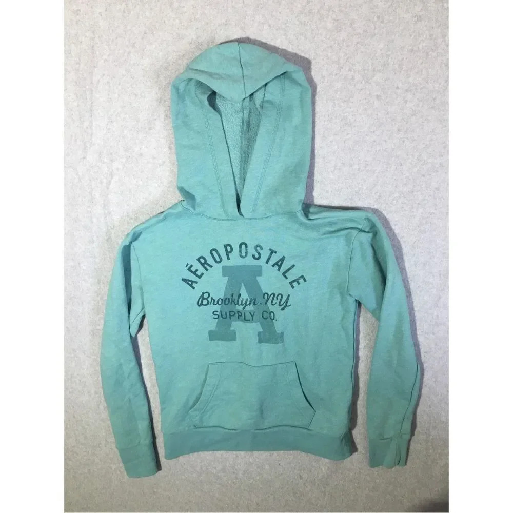 Womens Aeropostale Hoodie Size XS Teal Blue Large Front Logo Warm Winter Basic